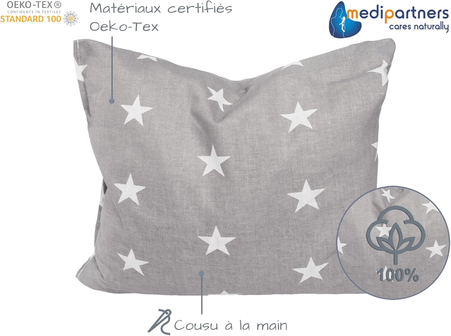 Coussin chauffant en noyaux de cerise 500 g rectangulaire 20 x 25 cm 100% coton certifié Öko-Tex Chaleur + thérapie par le froid Thérapie de massage (Étoiles blanches sur gris) Étoiles blanches sur gris Coton