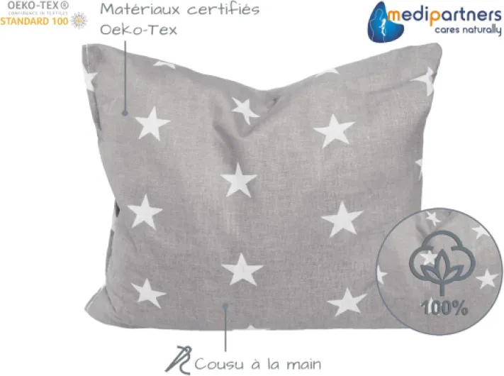 Coussin chauffant en noyaux de cerise 500 g rectangulaire 20 x 25 cm 100% coton certifié Öko-Tex Chaleur + thérapie par le froid Thérapie de massage (Étoiles blanches sur gris) Étoiles blanches sur gris Coton