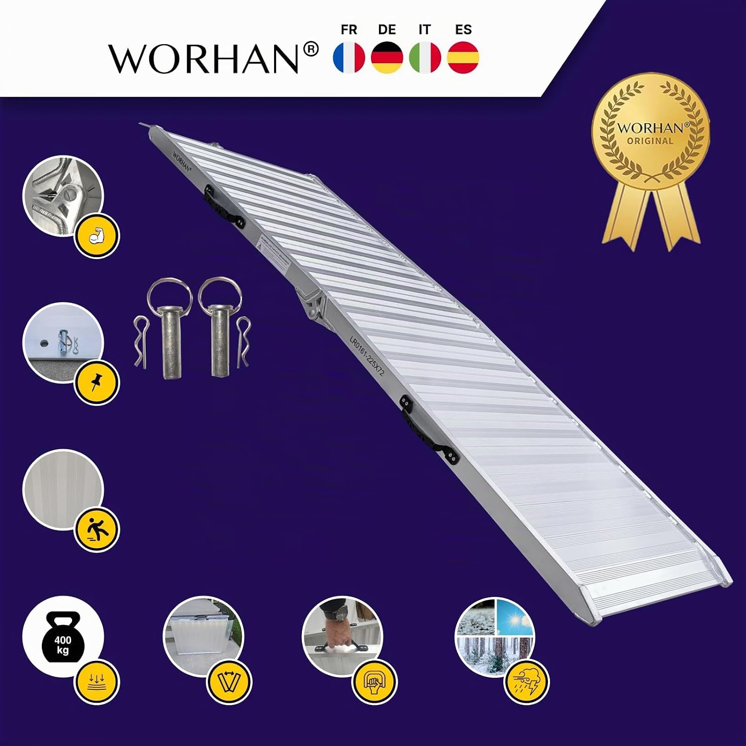 Rampe de Chargement WORHAN 400kg Robuste Rigidité Extrême Pliable Valise Alu Fauteuil Roulant Moto Scooter Transport Évènement Flight Case Large Plate-Forme Ultra Antidérapante 225cm HR225 225cm x 72cm