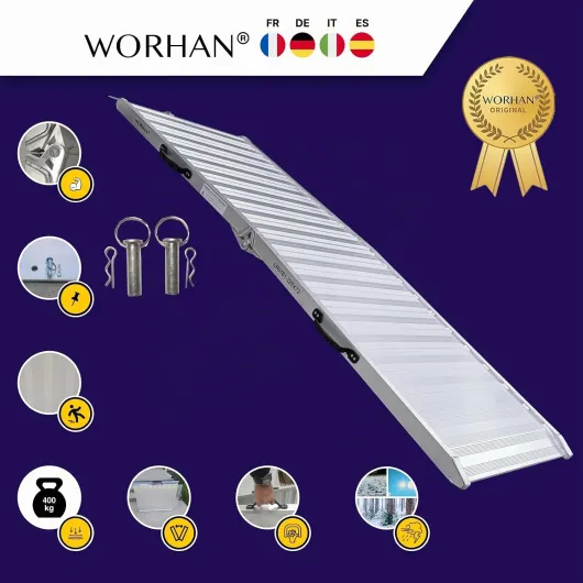 Rampe de Chargement WORHAN 400kg Robuste Rigidité Extrême Pliable Valise Alu Fauteuil Roulant Moto Scooter Transport Évènement Flight Case Large Plate-Forme Ultra Antidérapante 225cm HR225 225cm x 72cm
