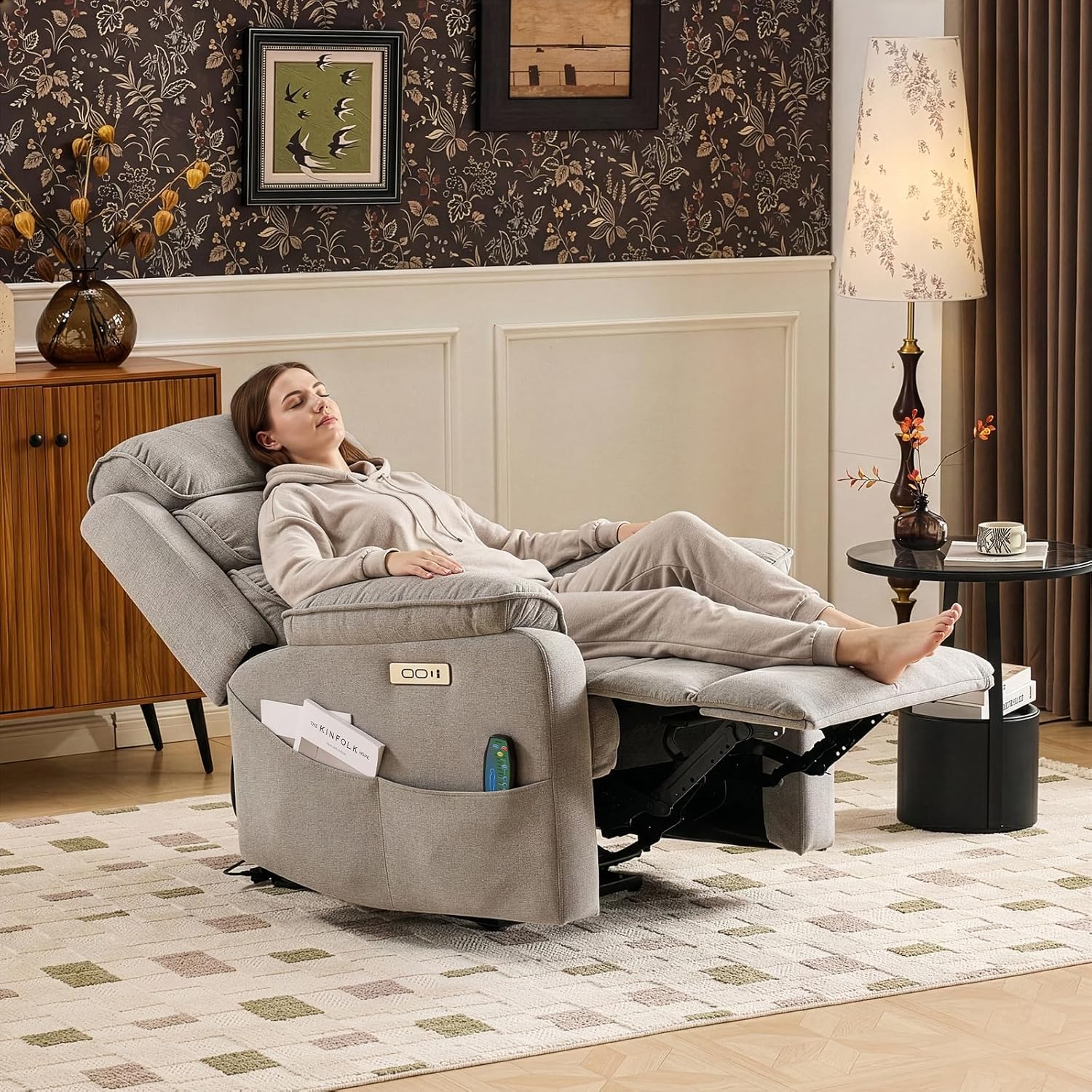 Fauteuil Électrique Relax avec Fonction Massage, avec Chargeur sans Fil, équipé d'1 Port USB, d'1 Port de Charge Type-C et d'1 Porte-gobelet, Télécommande Incluse (Gris Clair)