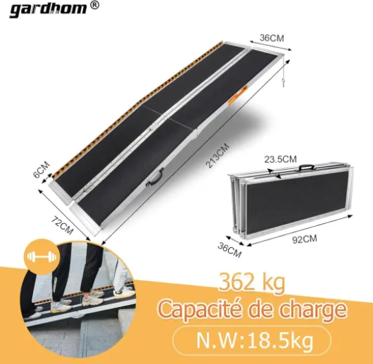 Rampes pour Fauteuils Roulants 213,5CM, Rampe de Chargement Rampe d'Accès Antidérapante Pliable avec Bordures de Sécurité Max 362KG 7FT-214CM