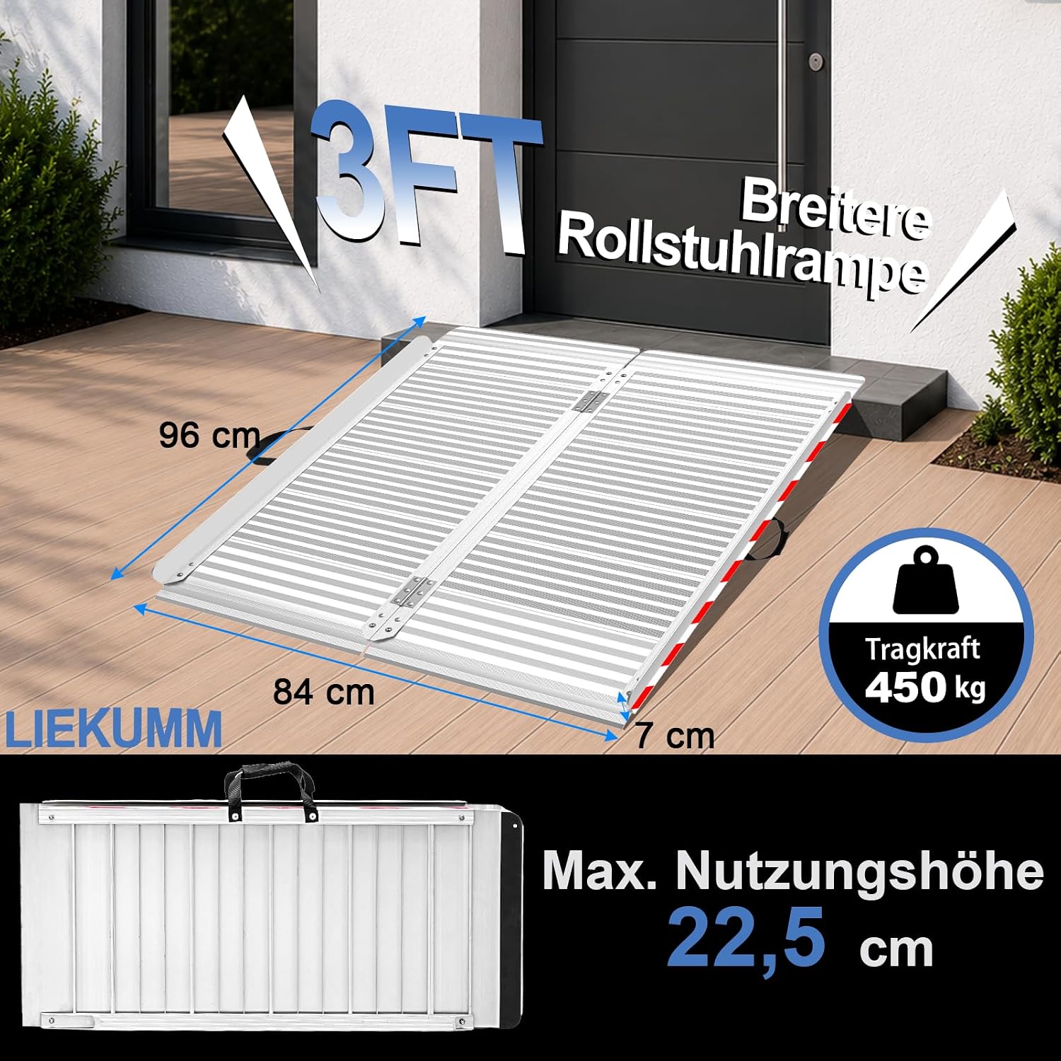 LIEKUMM Rampe de Fauteuil Roulant Pliable, 90 x 85 cm Rampe Acces Handicapé, Capacité 400 kg Rampe d'accès Antidérapante pour escaliers, seuils de Porte 96 cm, Hauteur max 22,5 cm