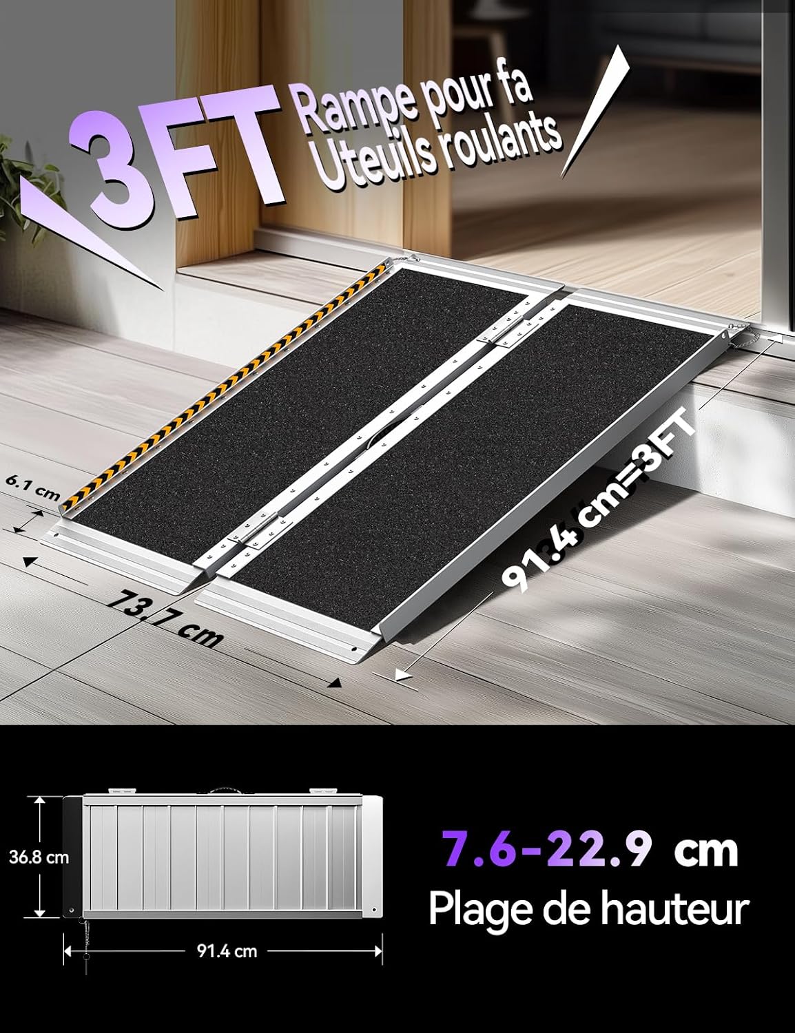 Rampe pour Fauteuil Roulant 91 cm, 362KG, en Aluminium Pliable Usage Intensif avec Charnières Antidérapantes pour Scooters, Escaliers, Véhicules, Chariots et Poussettes 3FT(91,4 × 73,7cm