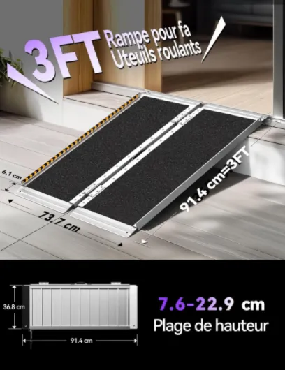 Rampe pour Fauteuil Roulant 91 cm, 362KG, en Aluminium Pliable Usage Intensif avec Charnières Antidérapantes pour Scooters, Escaliers, Véhicules, Chariots et Poussettes 3FT(91,4 × 73,7cm